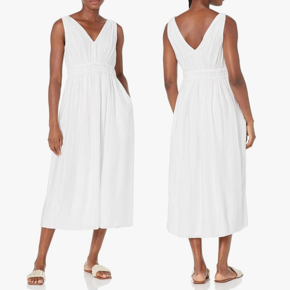 Vince White Sleeveless Pleated V-Neck Smocked Waist Midi Dress S NEW
